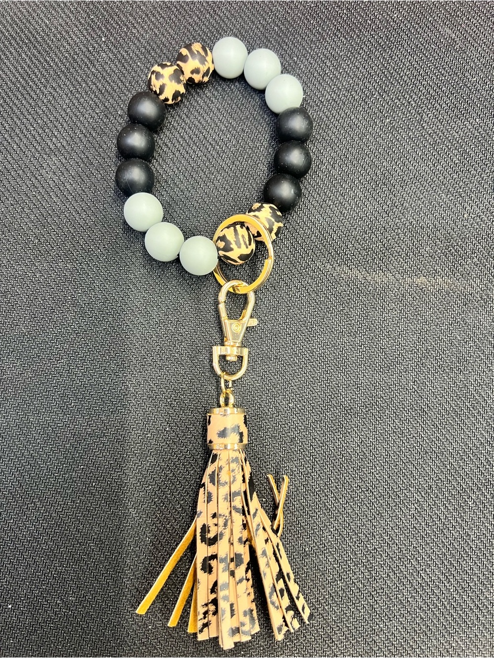 Beaded Wristlet Keychain with Leopard Tassel